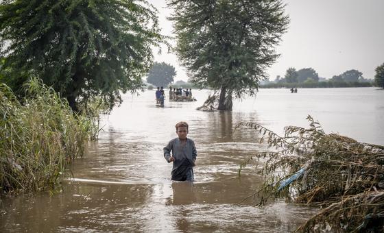 A seven-year-old wades through waist-deep floodwater in Punjab, Pakistan’s most populous – and hardest-hit – province.